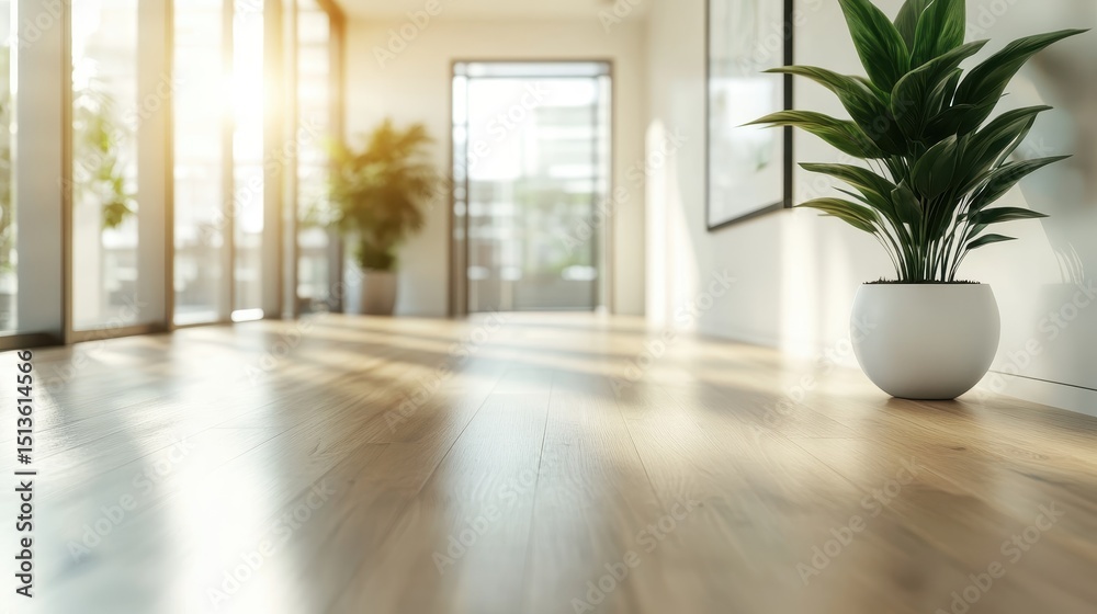 Fototapeta premium This serene image captures a sunlit hallway adorned with greenery, creating a calming atmosphere that blends nature and contemporary design, inviting tranquility and warmth.