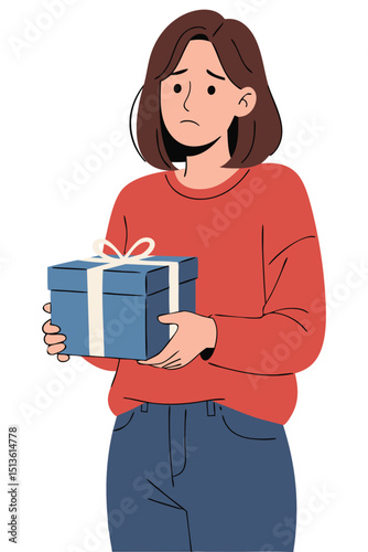 Woman Holding a Gift with Sad Expression Reflecting on Unfulfilled Expectations and Emotions