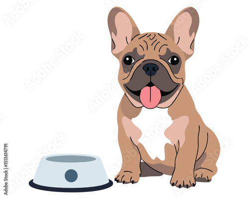 Adorable Happy French Bulldog Puppy Sitting Next to Empty Food Bowl with Playful Expression