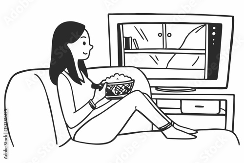 Young asian woman is watching movie on television and holding remote control to switching channel while holding bowl of popcorn and sitting on the big comfortable sofa in living room at home
