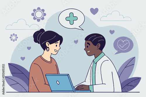 Online therapy session between woman and doctor using laptops and icons