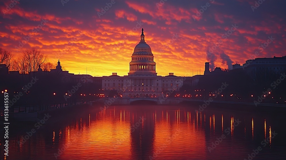 Fototapeta premium Dramatic sunrise over capitol building reflected in water.