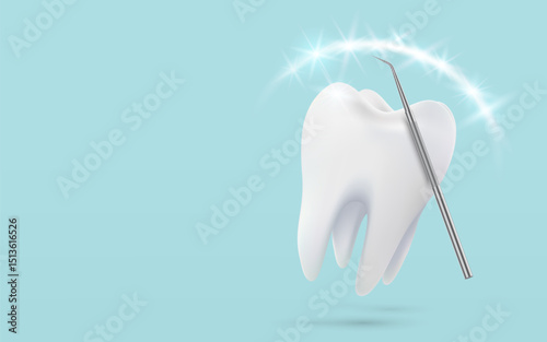 Tooth white, 3D illustration of a tooth, healthy glowing tooth. Shield around white tooth. Dental care, protection and whitening. Vector illustration