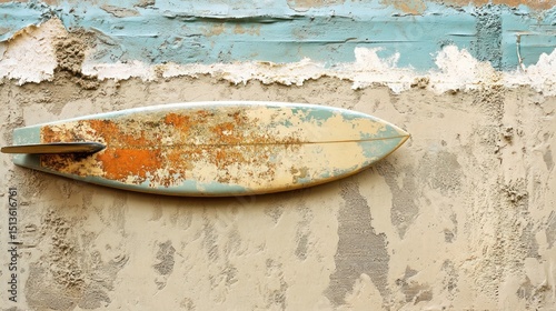 Aged Surfboard Displayed Against a Textured Beach-Inspired Wall Backdrop