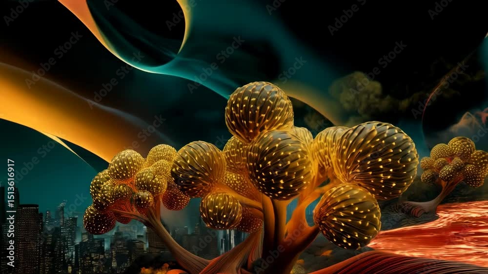 Surreal landscape with glowing orb trees overlooking abstract cityscape and swirling sky with teal and gold streams, creating dreamlike otherworldly ambiance.