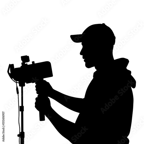 Influencer reviewing tech gear on livestream silhouette in black and white, digital content creation
