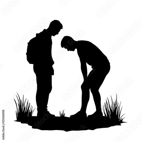 Man aiding injured friend on trail silhouette in black and white, outdoor support