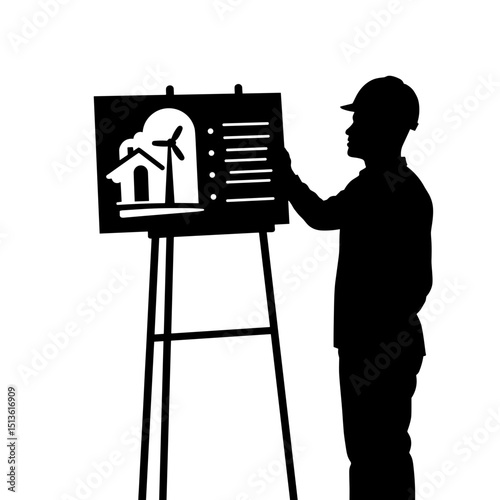 Engineer planning renewable energy project silhouette in black and white, sustainable development