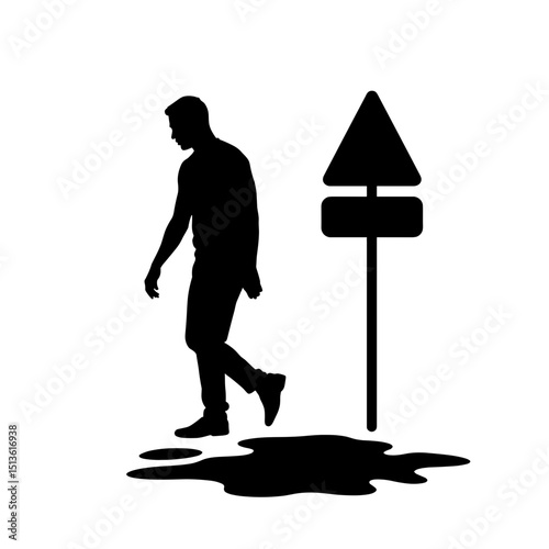 Person slipping on wet floor silhouette in black and white, workplace safety hazard