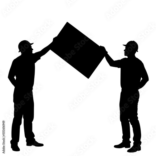 Construction workers holding safety sign silhouette in black and white, jobsite risk awareness