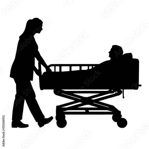 Caregiver pushing patient in hospital bed silhouette in black and white, healthcare mobility support