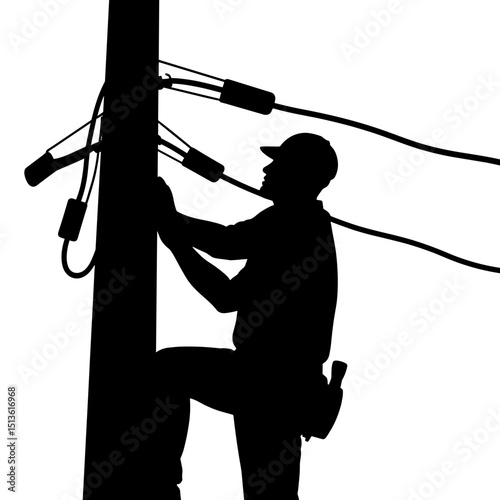Electrician working on utility pole silhouette in black and white, electrical safety risk