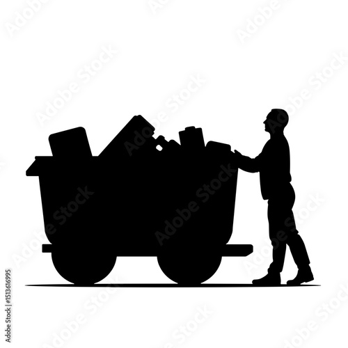 Person loading junk into recycling trailer silhouette in black and white, eco waste management