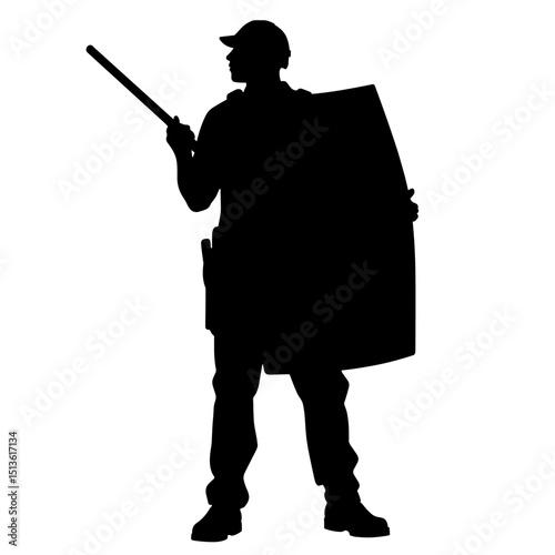 Riot police with shield and baton silhouette in black and white