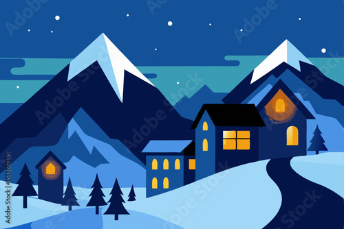 alpine ski village at twilight with snowy roofs 