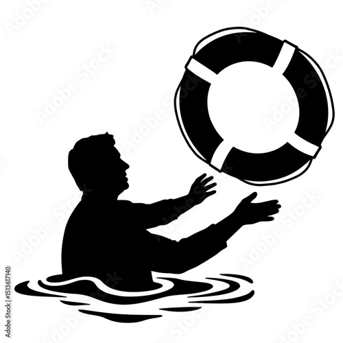 Person catching lifebuoy silhouette in water, rescue safety icon
