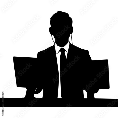 Dispatcher with headset silhouette connecting phone lines, black and white