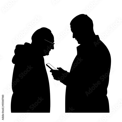 Older adult using smartphone with younger helper silhouette in black and white, smart navigation assistance