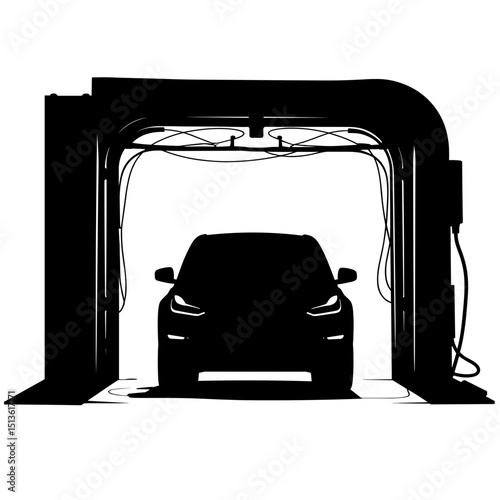 Electric vehicle in automated car-wash tunnel silhouette in black and white, urban eco cleaning
