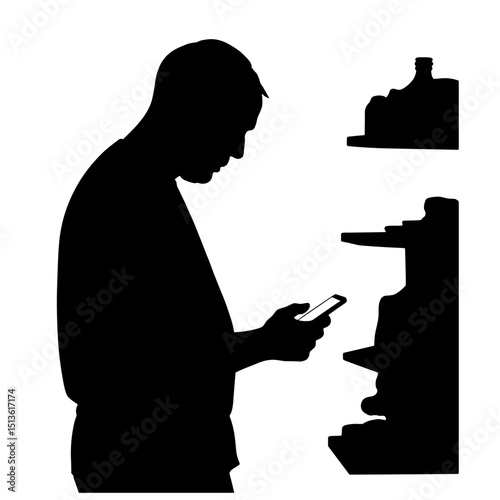Older adult using translation app with helper silhouette in black and white, accessible navigation