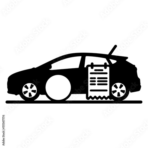 Hybrid car silhouette with rental receipt icon in black and white, smart booking