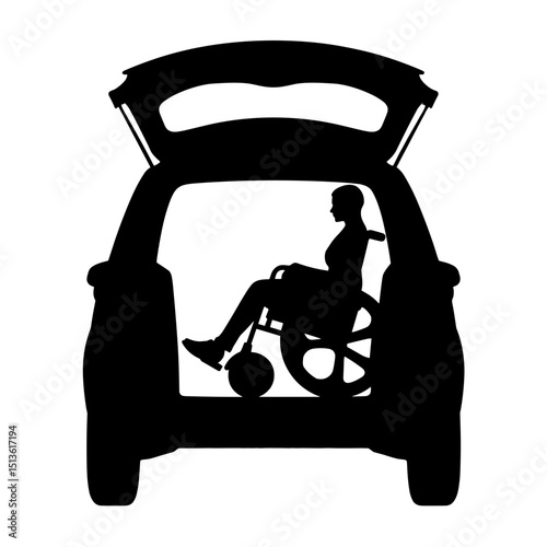 Electric vehicle with open trunk and wheelchair silhouette in black and white, accessible transport