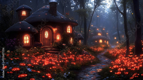 Magical fantasy village night scene glowing houses red flowers dark forest