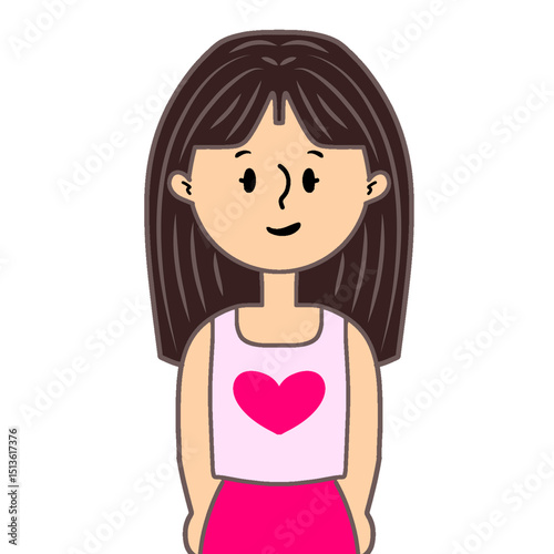 Cute Illustration of a girl in pink clothes with a love motif, and a short pink skirt, smiling with dark