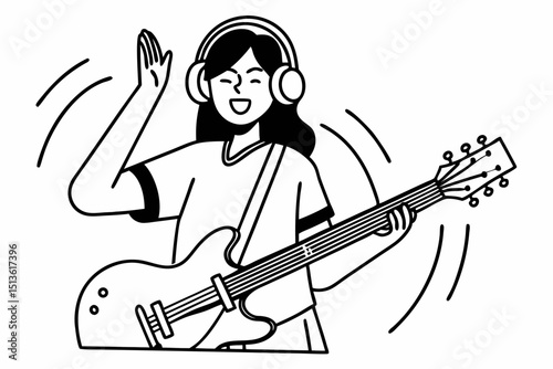 Young asian woman wearing headphone and white short sleeve shirt while playing guitar and singing rock song with happiness isolated