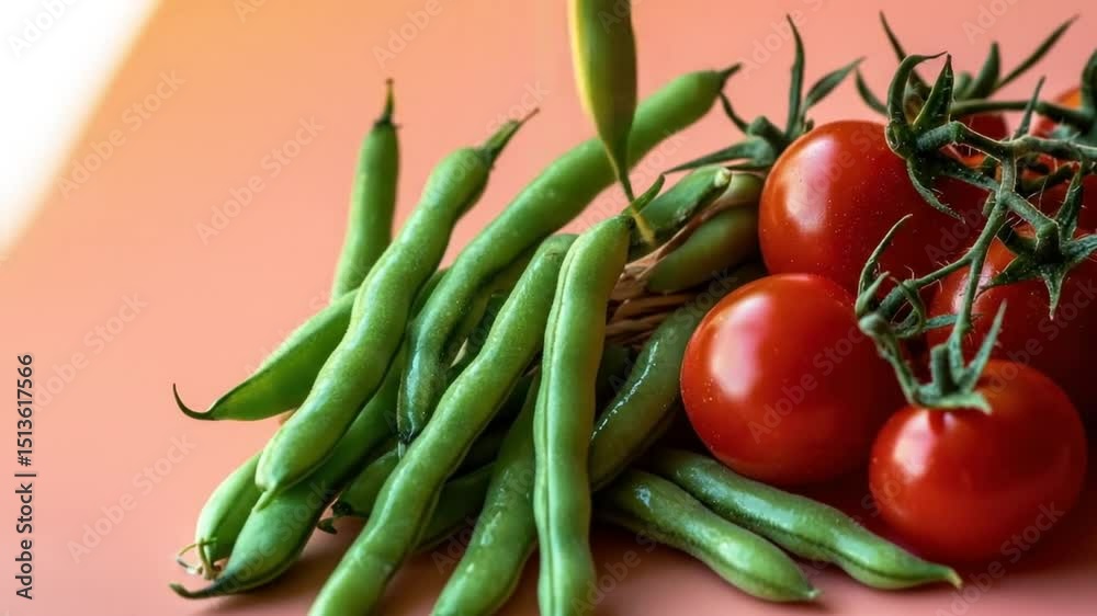 Fresh green beans and ripe red tomatoes Fresh green beans and ripe red tomatoes
