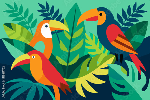 tropical birds perched on branches surrounded 