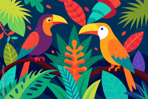 tropical birds perched on branches surrounded 
