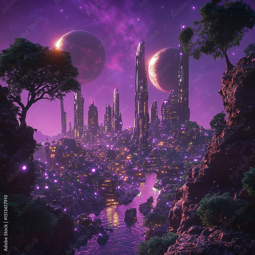 Obraz premium Futuristic alien cityscape glowing in a purple-toned night under two giant moons, surrounded by rocky cliffs and lush trees, sci-fi skyline with tall luminous towers and flowing river, photorealistic.