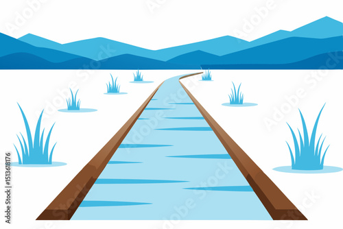 winter boardwalk stretching over a frozen marshlan