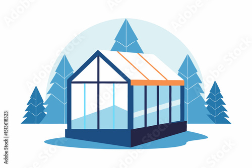 winter greenhouse nestled among snowy trees with 