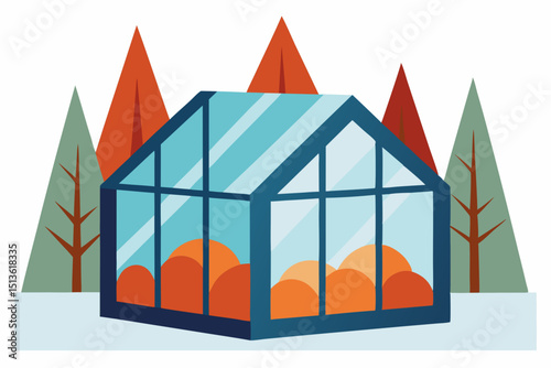 winter greenhouse nestled among snowy trees with 