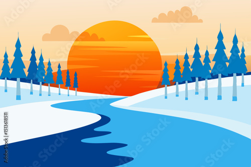 winter sunset reflecting off a frozen river lined .svg