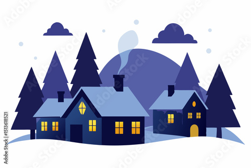 winter village at dusk with glowing windows 