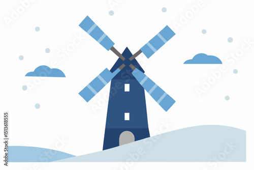 winter windmill in a frosted field with drifting 
