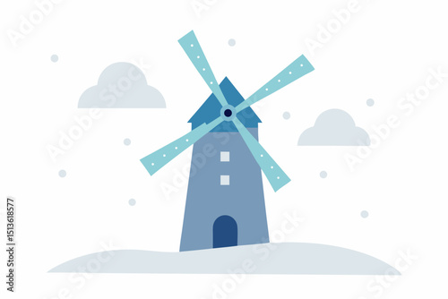 winter windmill in a frosted field with drifting 