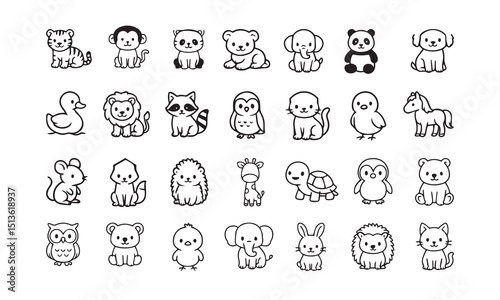 Adorable black and white illustrations of cute animals suitable for various design projects