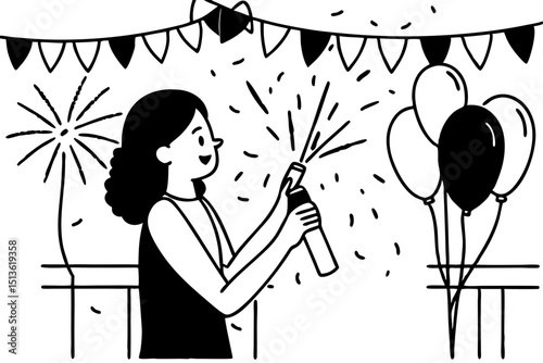 Young beautiful woman playing and pull poppers confetti party with enjoying while celebrating in new year party at home