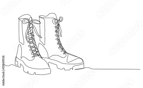Continuous line drawing of man work safety boots. Single one sketch line art of safety hiking boots. Vector illustration editable stroke