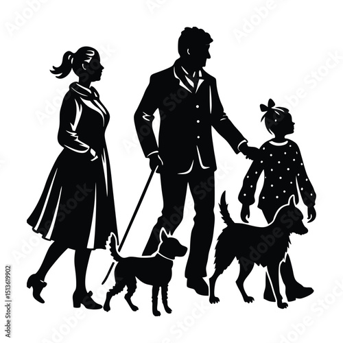 family walking with a dog silhouette.