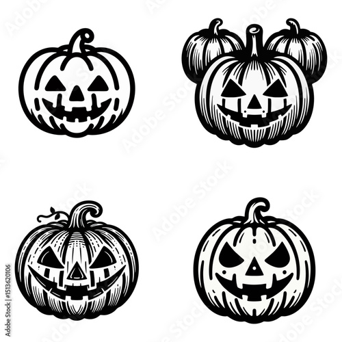 simple vector black white jack o lantern lineart isolated background