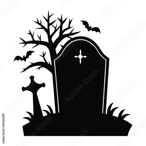 Spooky Halloween night illustration with a tree silhouette, bats, and an orange moon against a dark sky
