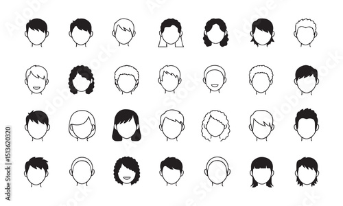 Collection of minimalist black and white head icons representing various hairstyles