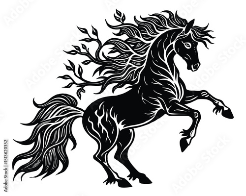 A Symbol of Duality with a Nature Tree Mane and Body of Fire, Elemental Horse Illustration