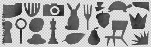 Kit of scrapbook crumpled elements. Set of vector isolated illustrations. Zine popart cartoon arts with fabric texutre. Vintage halftone dotted jeans elements as a png