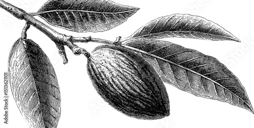Engraved illustration of almond twig with leaves and nut